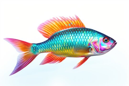 a close up of a fish on a white background with a blue and orange fish in the middle of the image and a red and yellow fish in the middle of the image.