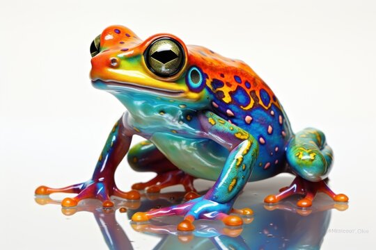 a brightly colored frog sitting on top of a shiny glass surface with a reflection of the frog's head on the glass surface and the frog's legs.