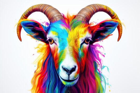  a painting of a goat with multi - colored paint on it's face and horns, looking at the camera with a serious look on its face, with a white background.