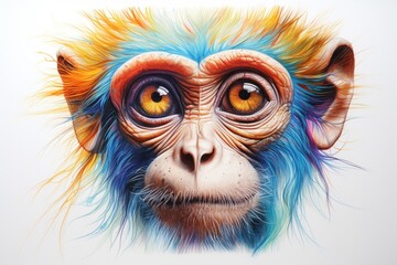  a close up of a monkey's face with a multicolored monkey's fur on it's head and a yellow, orange, blue, yellow, orange, and red, and blue, and yellow eye.