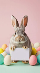 Curious real-life bunny peeks over a sign surrounded by pastel Easter eggs
