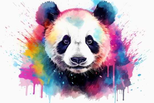  a close up of a panda bear's face with colorful paint splatters on it's face and a black and white panda bear's head.