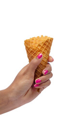 Woman's hand holding empty wafer cone for ice cream. Close up, High resolution product