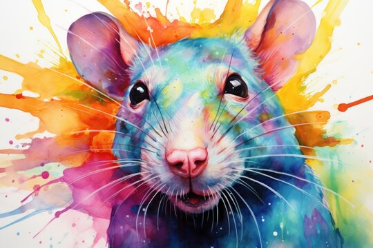  a watercolor painting of a rat's face with multicolored paint splatters on it's face and a white background with a white background.