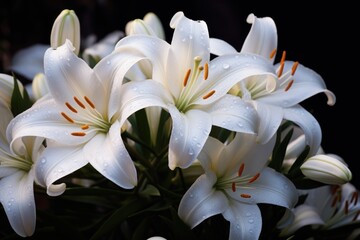  a bunch of white lilies with drops of water on it's petals, in a close up view, on a black background, with a black background.