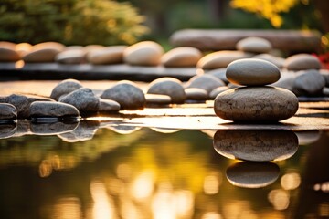  a pile of rocks sitting on top of a wet ground next to a body of water with a reflection of the rocks on top of the water in front of it.