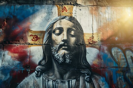 Jesus Christ spray paint graffiti on white wall urban style