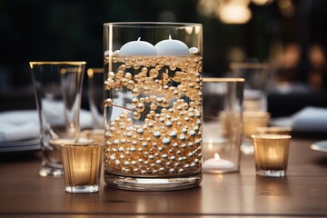  a close up of a table with glasses and a candle holder with a candle in the middle of the glass and a candle holder with a candle in the middle of the glass. - obrazy, fototapety, plakaty