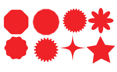 Red starburst sticker set. Price sticker, sale sticker, price tag, starburst, quality mark, retro silhouette. Sunburst retro sale badge, quality signs, sale icons. Vector illustration star blank label