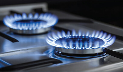 Blue flames of a gas burner on a kitchen stove dark background close up