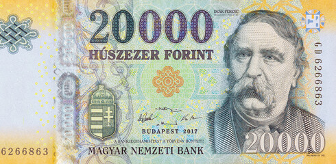Hungarian 20,000 forint banknote features portrait of Ferenc Deak.