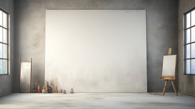 empty distressed room with white blank canvas