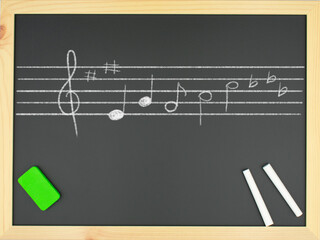 Blackboard with musical notes written in white with two chalks and a green eraser