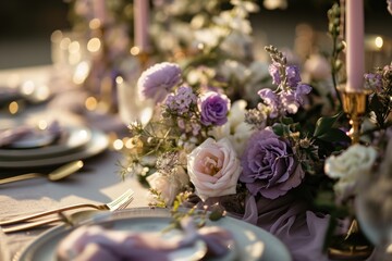  a close up of a table with a plate and a vase with flowers on it and a candle in the middle of the table and a napkin on the side of the table.