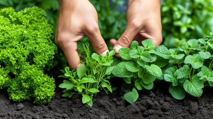 hands planting herbs in fertile soil. There are fresh green parsley and mint plants. It's a sunny day for gardening