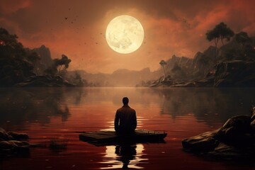  a man sitting on a raft in the middle of a body of water with a full moon in the sky over a mountain range and a body of water with rocks in the foreground. - obrazy, fototapety, plakaty