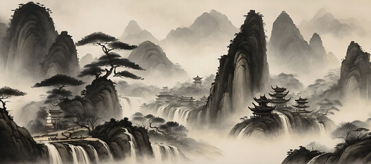 Chinese landscape black and white mountains and lake in the fog, Hand drawn watercolor painting