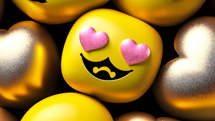 Smiling yellow emoji in love surrounded by golden hearts