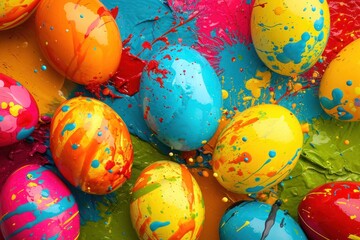 Fototapeta na wymiar Dynamic Easter eggs with vibrant paint splatter texture.