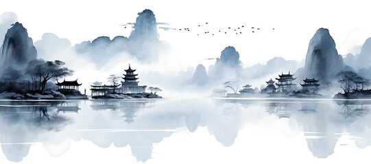 Chinese landscape black and white mountains and lake in the fog, Hand drawn watercolor painting