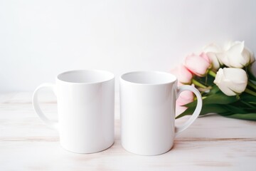 Fototapeta na wymiar two white coffee mugs sitting next to a bouquet of pink and white tulips on a white tablecloth with a white wall in the background behind them.