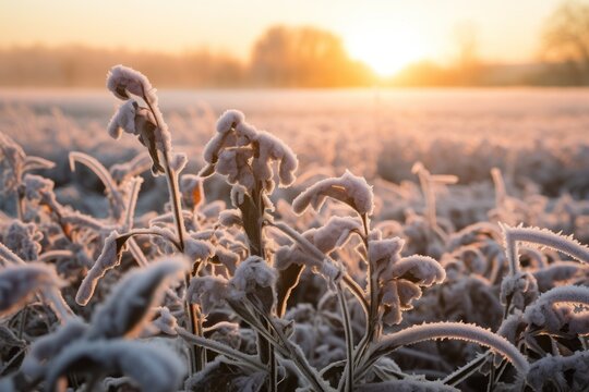  a field of grass covered in frost with the sun setting in the distance in the distance in the distance is a field of grass with snow covered in the foreground.