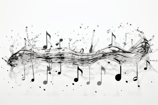  a black and white photo of music notes on a white background with water splashing from the top of the image and a line of musical notes on the bottom of the image.