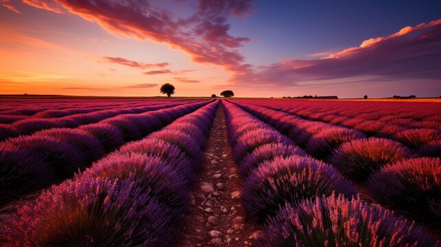  a sunset over a lavender field with a lone tree in the foreground and a lone tree in the middle of the field to the right of the picture,.