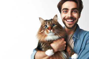 happy cat owner man smiling holding his cat in arm with Huge Eyes on solid white background. ai generative