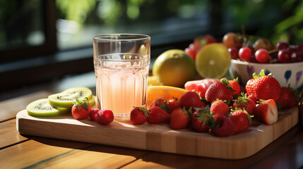 Glass of fresh juice on the table near a plate with fresh fruits and berry, soft focus background