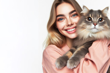 happy cat owner woman smiling holding his cat in arm with Huge Eyes on solid white background. ai generative