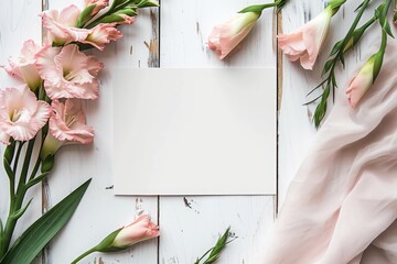 Empty white card mockup flat lay with gladioli, Valentines day color