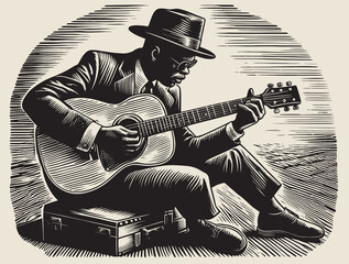 Vector Drawing of a Blues Musician in the Woodcut Style - obrazy, fototapety, plakaty