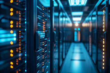 Server room with rows of server racks with blinking lights in a data center. Hosting, supercomputer, cloud computing, big data storage and internet concept. Futuristic technology background