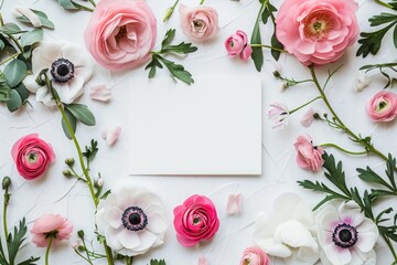 Fototapeta na wymiar Empty white card mockup flat lay with anemones, Valentines day color