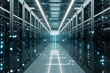Server room with rows of server racks with white lights in a data center. Hosting, supercomputer, cloud computing, big data storage and internet concept. Futuristic technology background