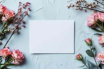 Empty white card mockup flat lay with leucadendrons, Valentines day color