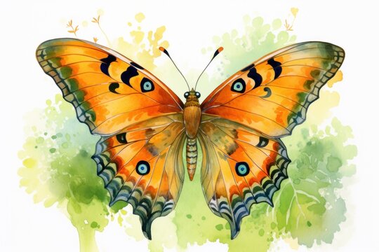  a watercolor painting of a butterfly on a green and yellow watercolor background with a splash of paint on the left side of the butterfly's wings'wings.