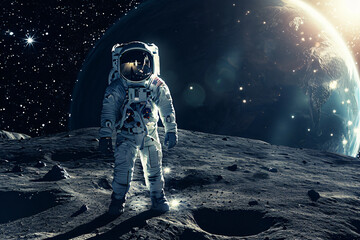 Fototapeta na wymiar Astronaut on the moon with the Earth in the background. Science and reseach of the future concept. Human space colonization. Travel in the cosmos