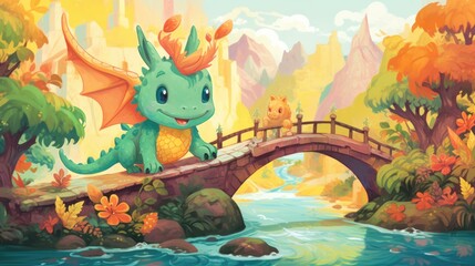  a painting of a dragon sitting on a bridge over a river with a bridge in the foreground and a waterfall in the background, with a bridge in the foreground.