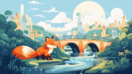  a painting of a fox standing in front of a river with a bridge in the background and a cityscape in the foreground with a full of clouds.
