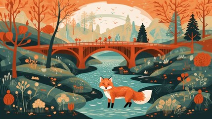  a painting of a fox standing in the middle of a river with a bridge in the background and trees in the foreground and a full moon in the sky.