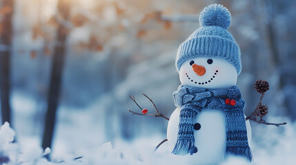 Adorable snowman wearing a blue knitted bobble hat and scarf in a winter forest, with ample copy space - obrazy, fototapety, plakaty