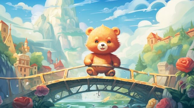  a painting of a brown teddy bear sitting on a bridge over a body of water with a castle in the background and a bridge in the middle of the foreground.