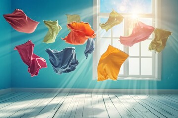 Clothes flying around the room on a bright background