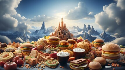 A feast fit for a king: a table overflowing with burgers, fries, and other fast food items, with a castle in the background