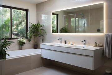 Fototapeta na wymiar Modern bathroom interior with large windows and plants