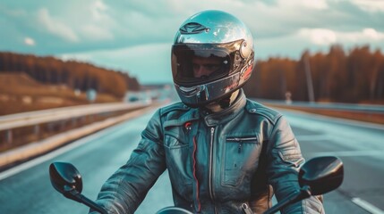 Biker in clothes for professional riding motorcycle and protective helmet covering face and eyes....