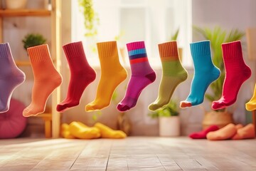Colorful socks flying around the room on a bright background