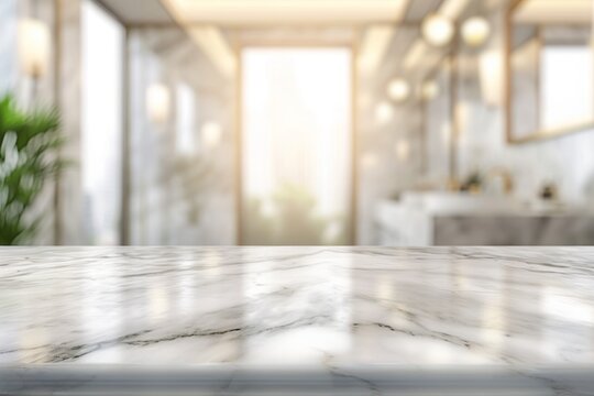 Marble table top with blurred bathroom interior background